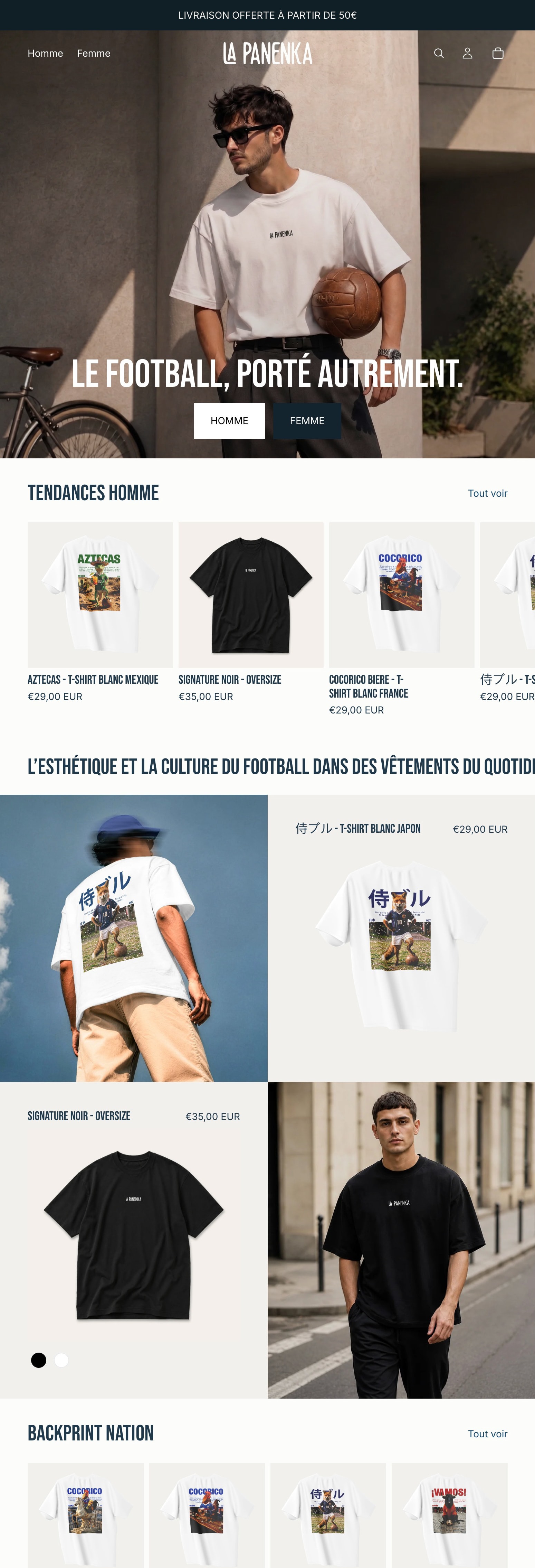 Page d'accueil complète de la boutique La Panenka