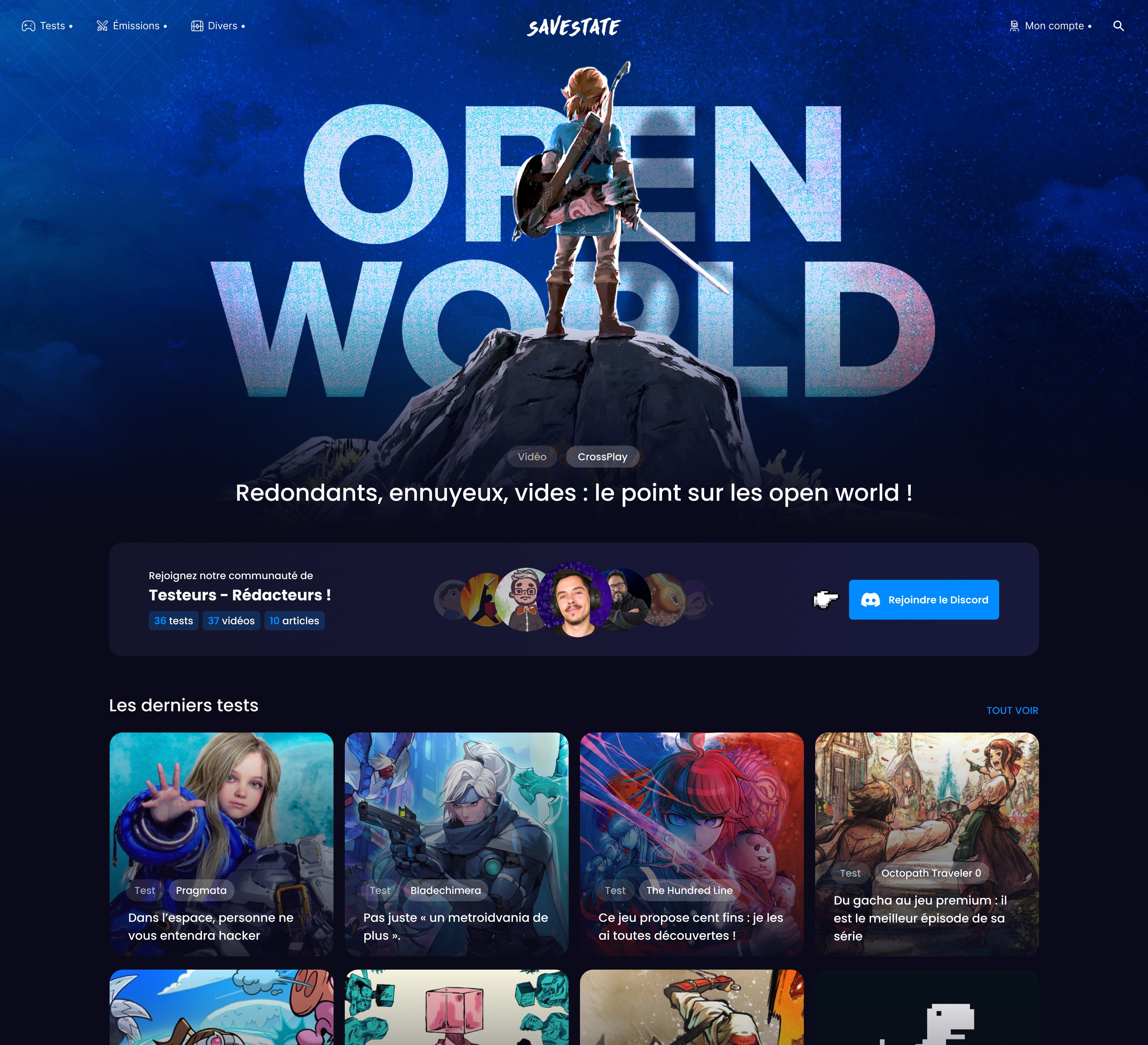 Page d'accueil complète du site Savestate, du dossier « Open World » jusqu'au pied de page